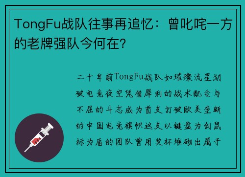 TongFu战队往事再追忆：曾叱咤一方的老牌强队今何在？