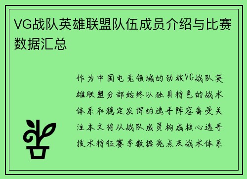 VG战队英雄联盟队伍成员介绍与比赛数据汇总