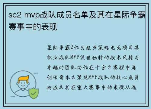 sc2 mvp战队成员名单及其在星际争霸赛事中的表现
