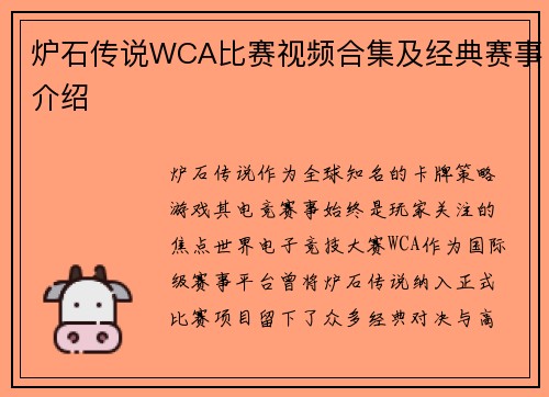 炉石传说WCA比赛视频合集及经典赛事介绍